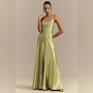 ANTHOPOLOGIE MARE MARE EMMY SATIN CORSET MAXI DRESS IN GREEN